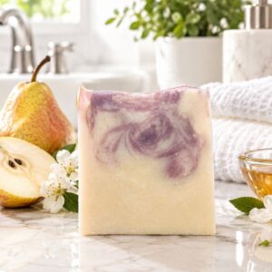 Off white coconut milk soap bar with wispy purple swirls, on a white marble counter, in a bright bathroom setting with juicy pears and a plant in the background.
