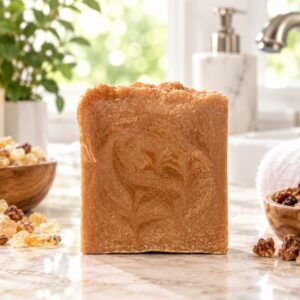 A Warm brown soap with gold swirls on a tan marble counter in a bright bathroom setting with bowl of frankincense and myrrh resin beside it
