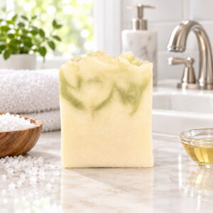 Light green and off-white soap bar in a bright bathroom setting with a sink in the background and sea alt on the counter beside the soap bar.
